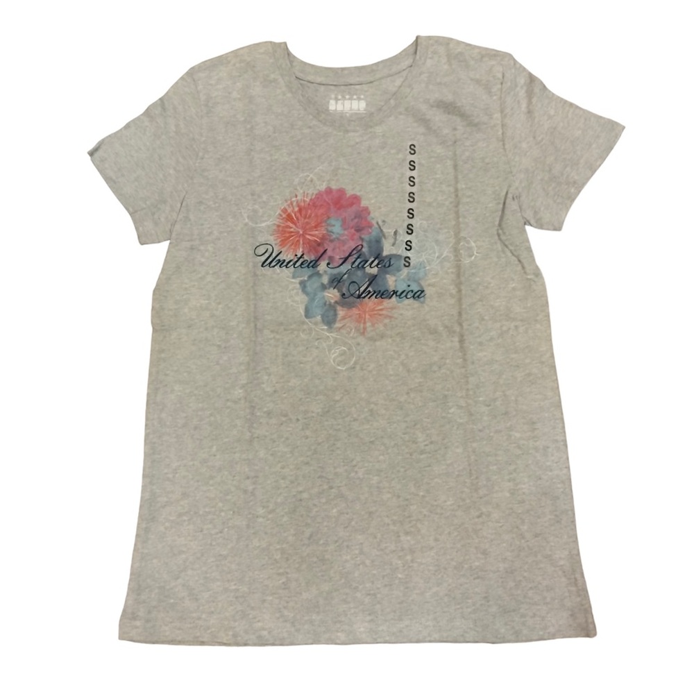 Fireworks and Flowers Patriotic Ladies Gray NEW Short Sleeve T-Shirt